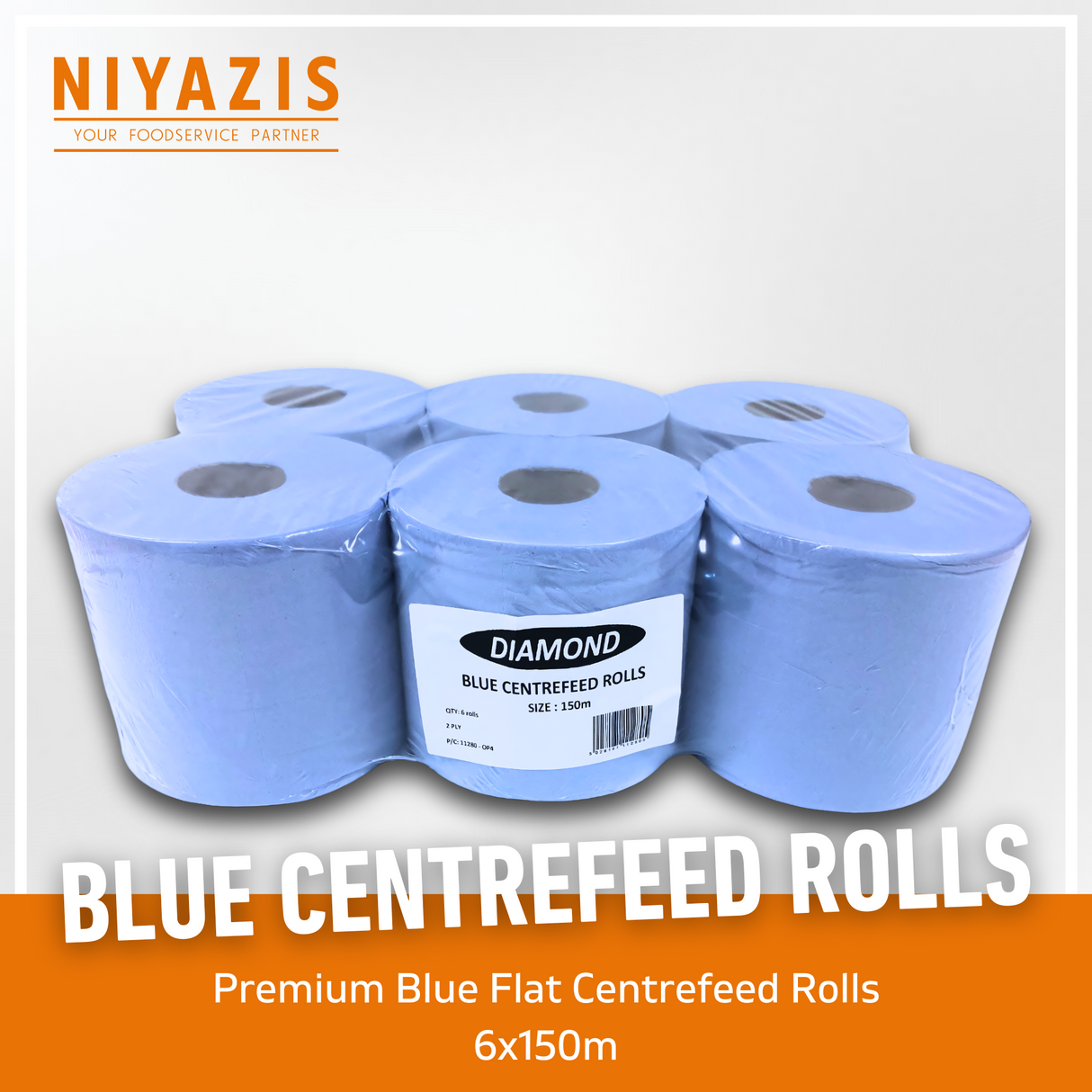 PREMIUM BLUE CENTREFEED ROLLS 2PLY 6X150M