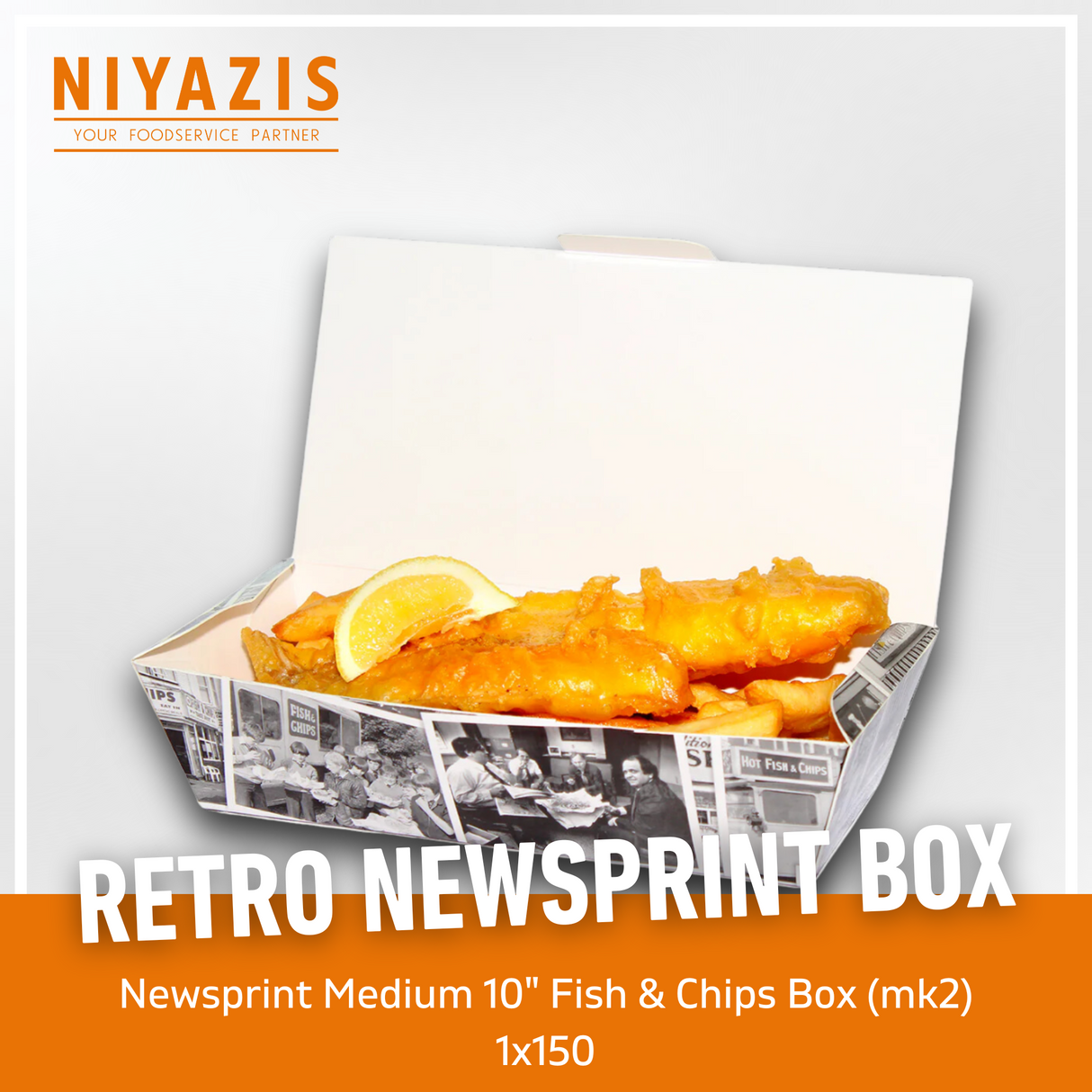 Medium Retro Newsprint MK2 Fish & Chips Boxes 1X150