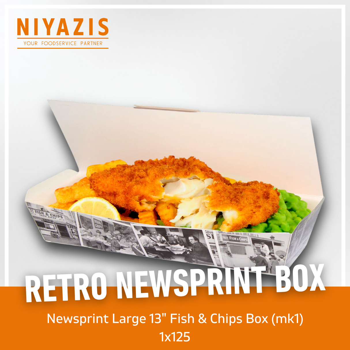 Large Retro Newsprint MK1 Fish & Chips Boxes 1X125